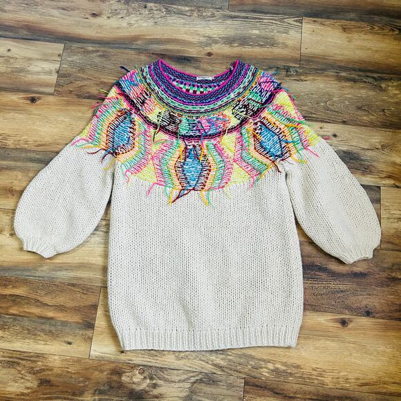 Mes Demoiselles Oversized Sweater Dress Alpaca Wool Jumper Colorful Fringe Art - Picture 6 of 11